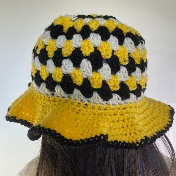 Crochet Bucket Hat Granny Square Pattern Black Yellow Off-White Adult Size Handm